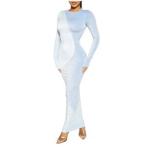 Naked Wardrobe glow for it blue shimmer Sleeve Dress M